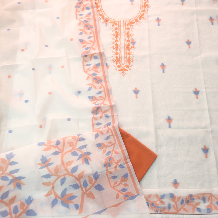 Faasla Tangy Orange Thread Embroidered Neck Work Jamdani Weaved Suit Set