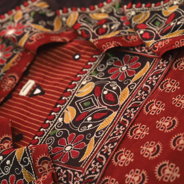 Pardesiya Blood Red Kutch Patch with Mirror Work Printed Cotton Suit Set