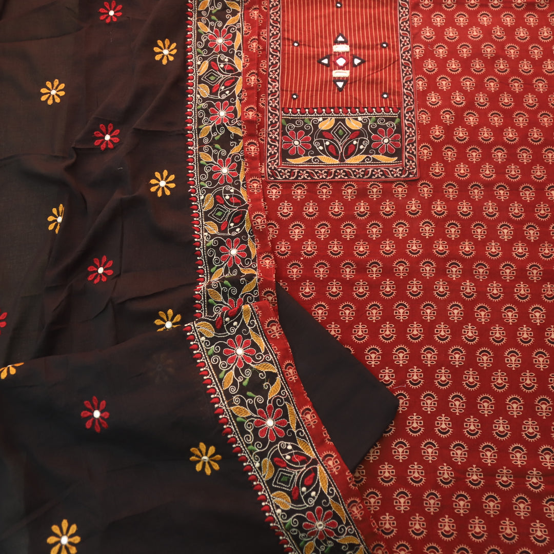 Pardesiya Blood Red Kutch Patch with Mirror Work Printed Cotton Suit Set