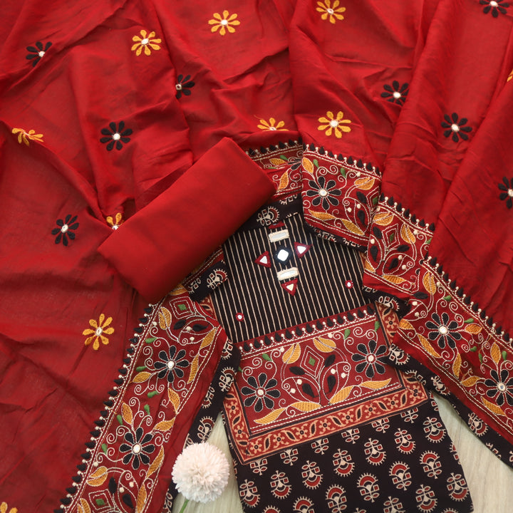 Pardesiya Coal Black Kutch Patch with Mirror Work Printed Cotton Suit Set