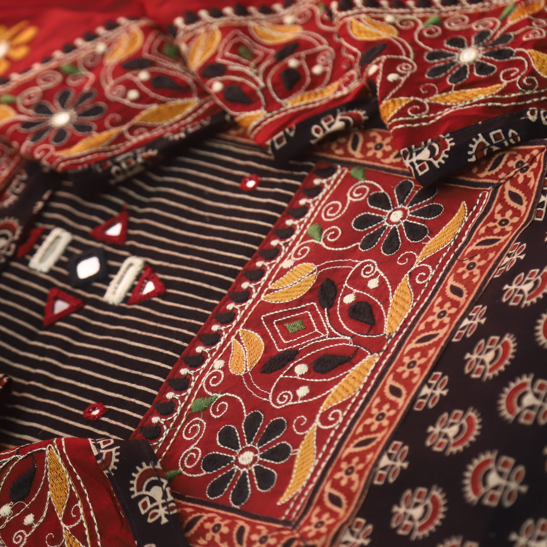Pardesiya Coal Black Kutch Patch with Mirror Work Printed Cotton Suit Set