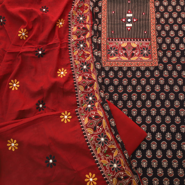 Pardesiya Coal Black Kutch Patch with Mirror Work Printed Cotton Suit Set