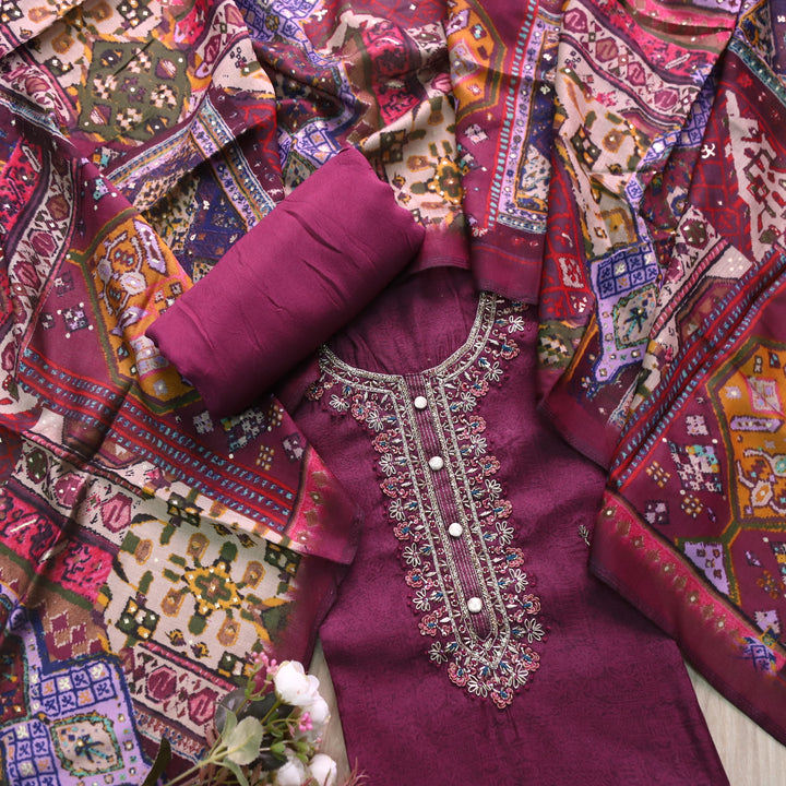 Roshani Mulburry Berry Purple Embellished Neck Work Dola Silk Suit Set