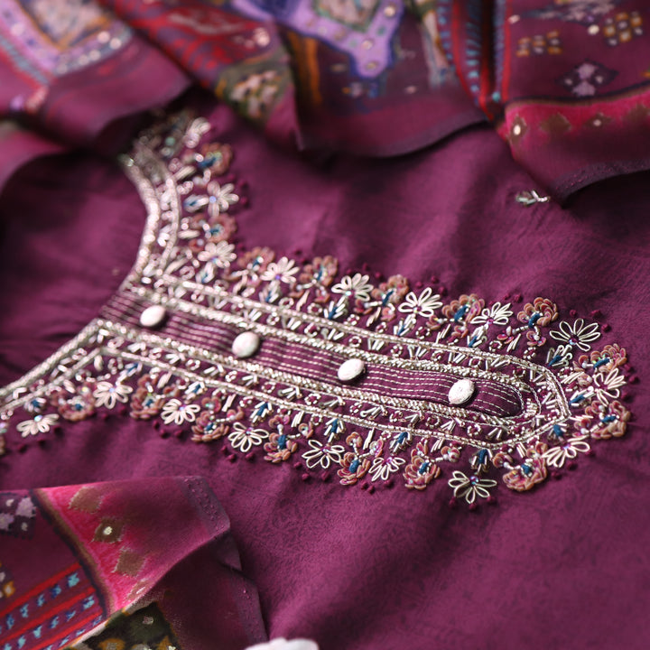 Roshani Mulburry Berry Purple Embellished Neck Work Dola Silk Suit Set