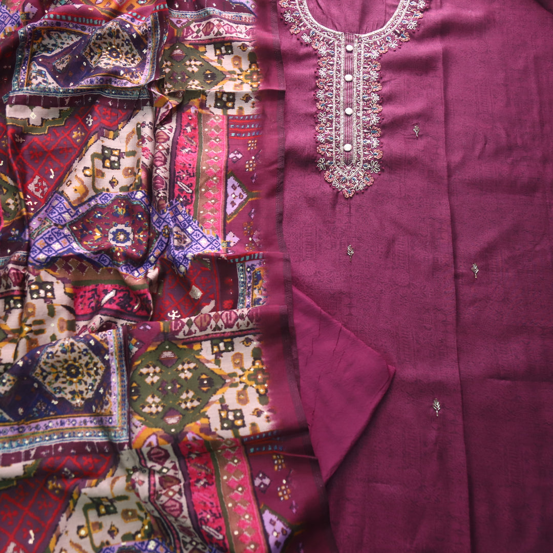 Roshani Mulburry Berry Purple Embellished Neck Work Dola Silk Suit Set