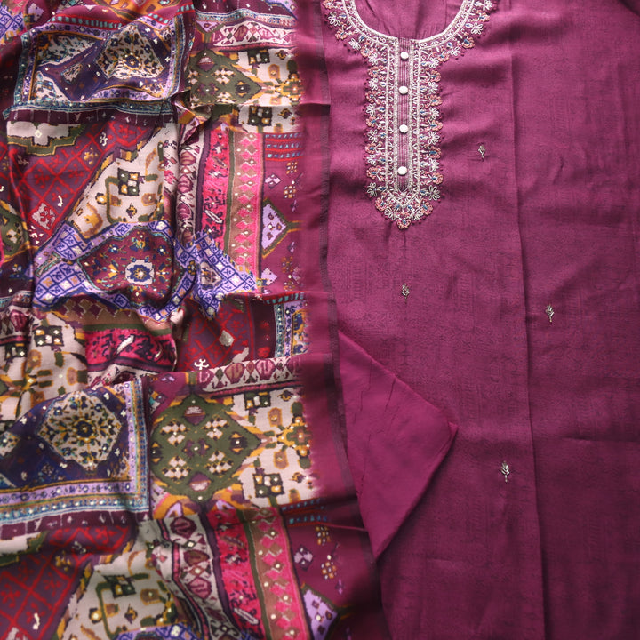 Roshani Mulburry Berry Purple Embellished Neck Work Dola Silk Suit Set