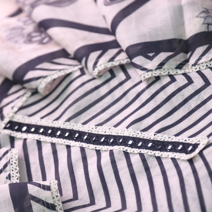 Naari Zebra Stripe Print with Mirror Work Lace Work Cotton Linen Suit Set