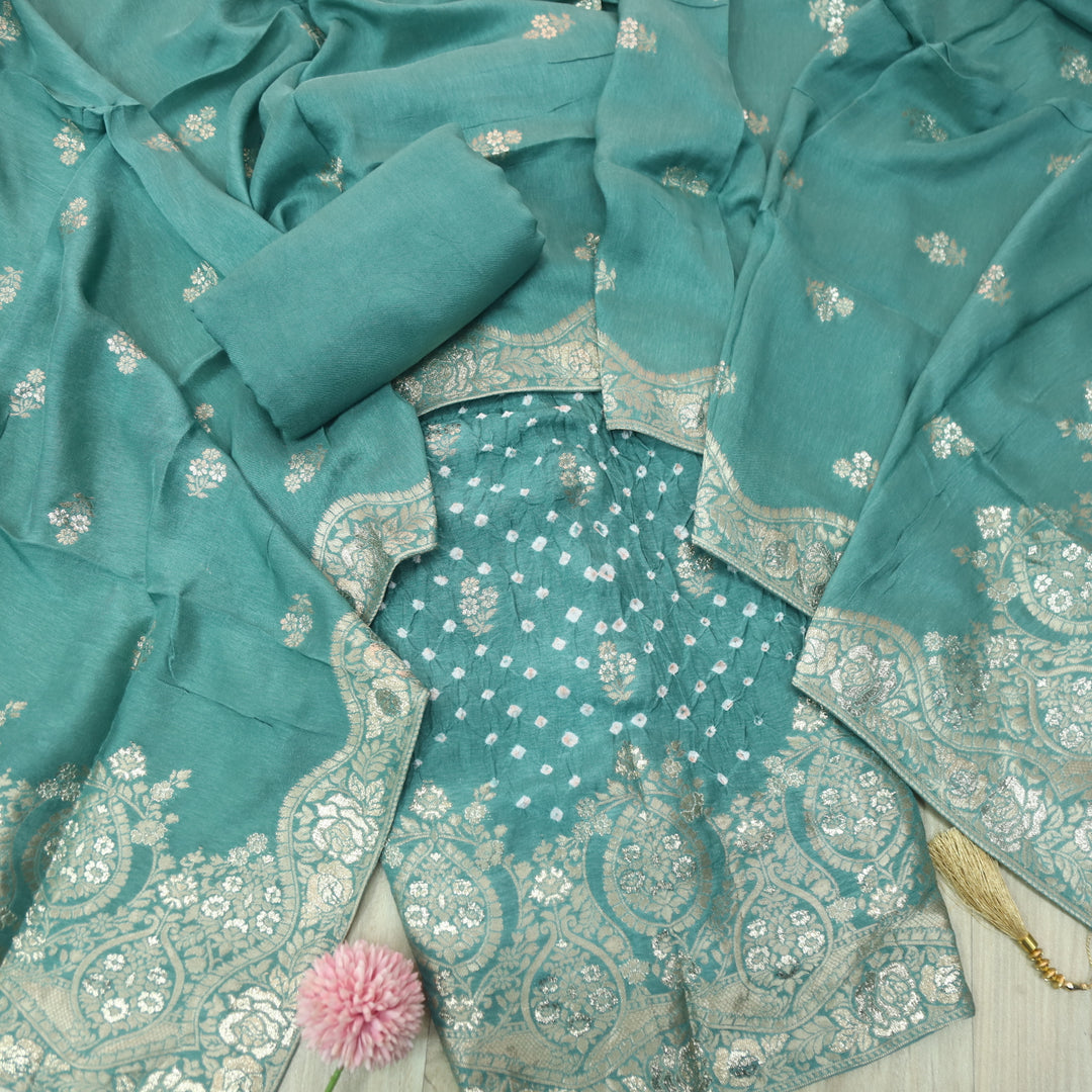 Naari Pine Sage Zari Hem with All Over Bandhej Work Crepe Silk Suit