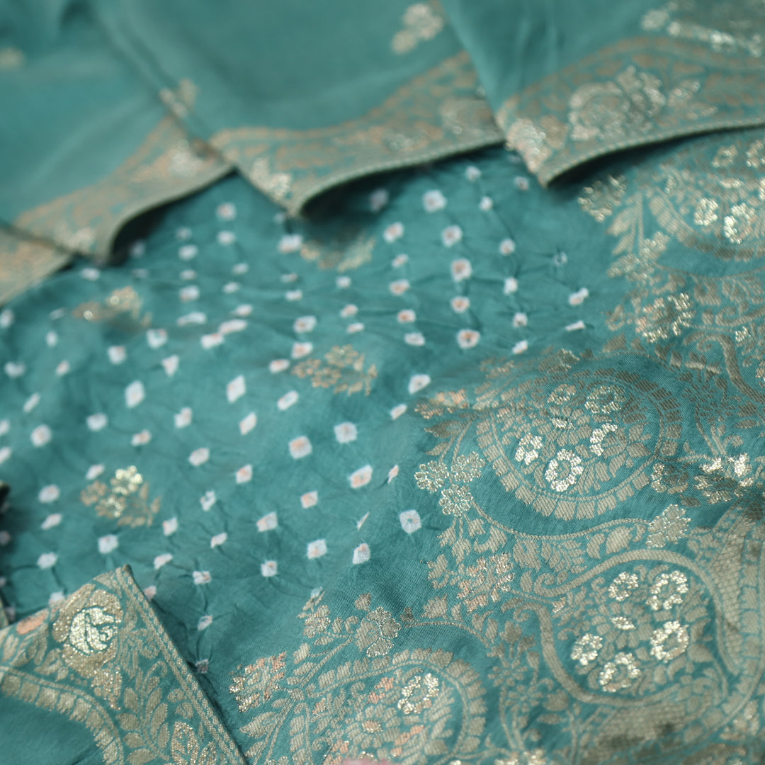 Naari Pine Sage Zari Hem with All Over Bandhej Work Crepe Silk Suit