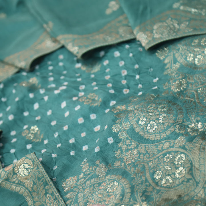 Naari Pine Sage Zari Hem with All Over Bandhej Work Crepe Silk Suit