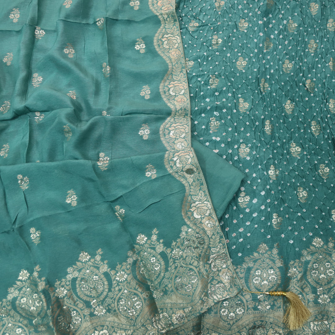 Naari Pine Sage Zari Hem with All Over Bandhej Work Crepe Silk Suit