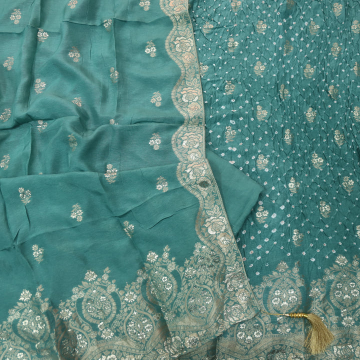 Naari Pine Sage Zari Hem with All Over Bandhej Work Crepe Silk Suit