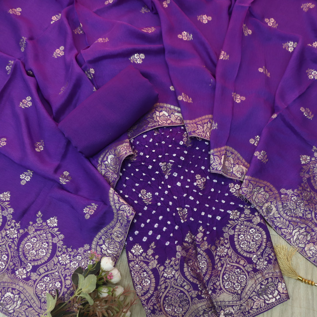 Naari French Purple Zari Hem with All Over Bandhej Work Crepe Silk Suit