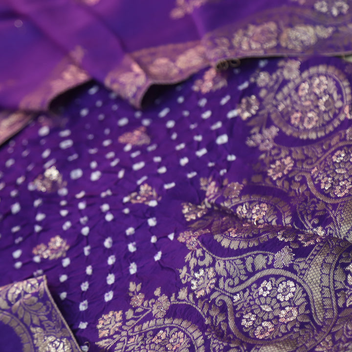 Naari French Purple Zari Hem with All Over Bandhej Work Crepe Silk Suit