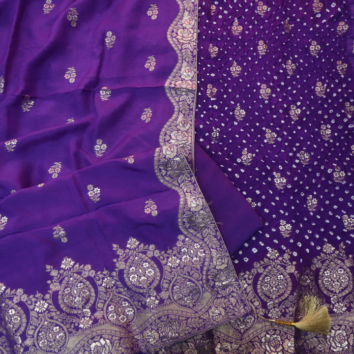 Naari French Purple Zari Hem with All Over Bandhej Work Crepe Silk Suit