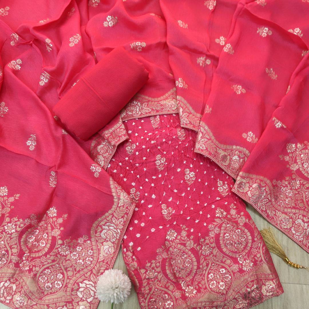 Naari Rani Pink Zari Hem with All Over Bandhej Work Crepe Silk Suit