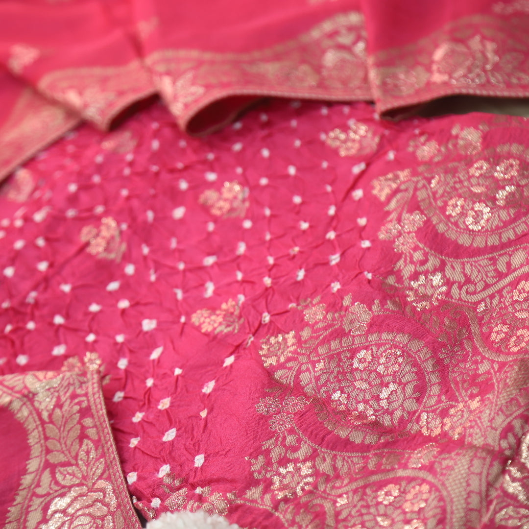 Naari Rani Pink Zari Hem with All Over Bandhej Work Crepe Silk Suit