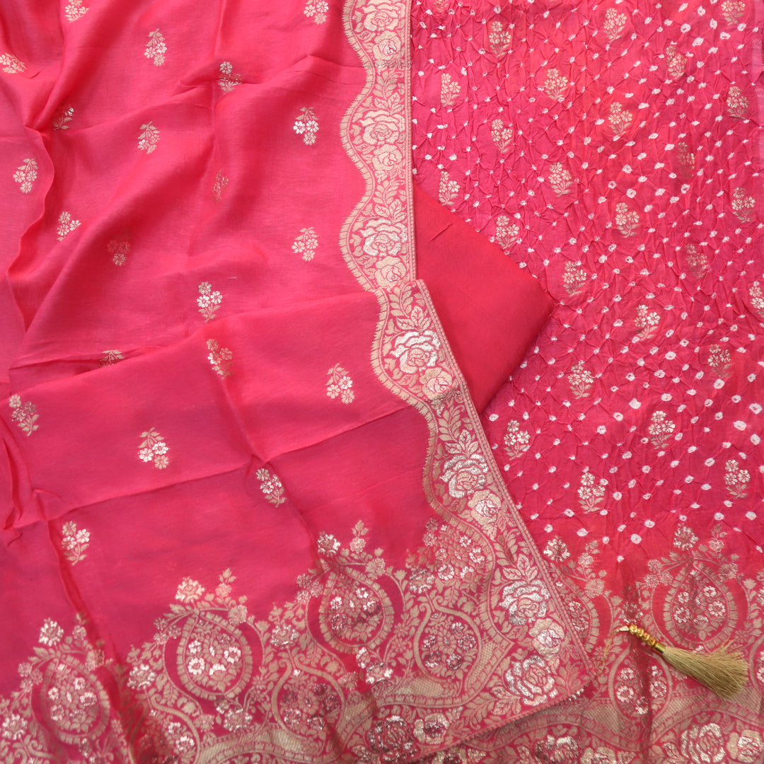 Naari Rani Pink Zari Hem with All Over Bandhej Work Crepe Silk Suit