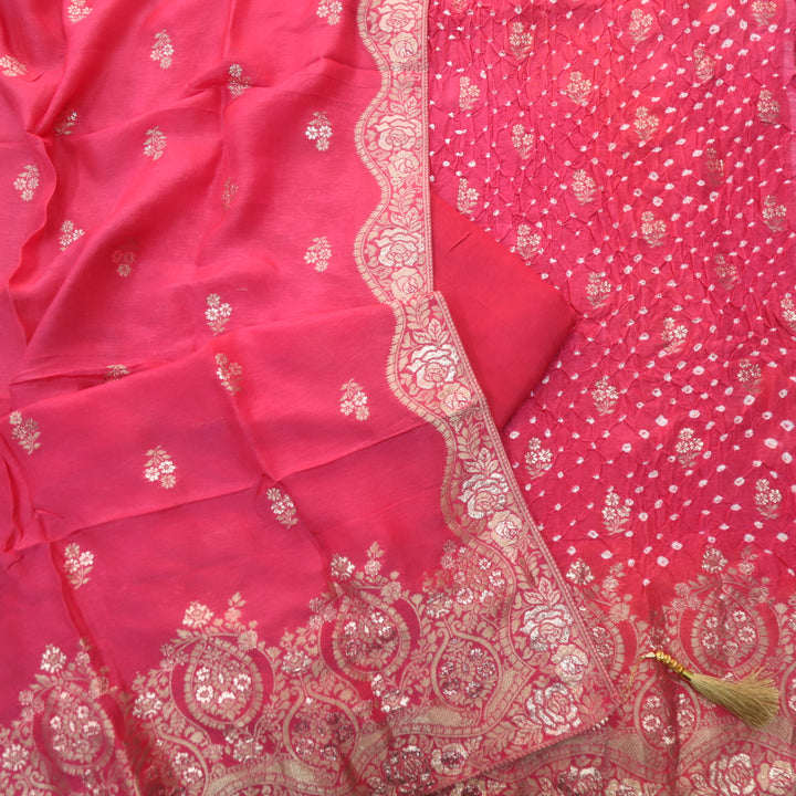 Naari Rani Pink Zari Hem with All Over Bandhej Work Crepe Silk Suit