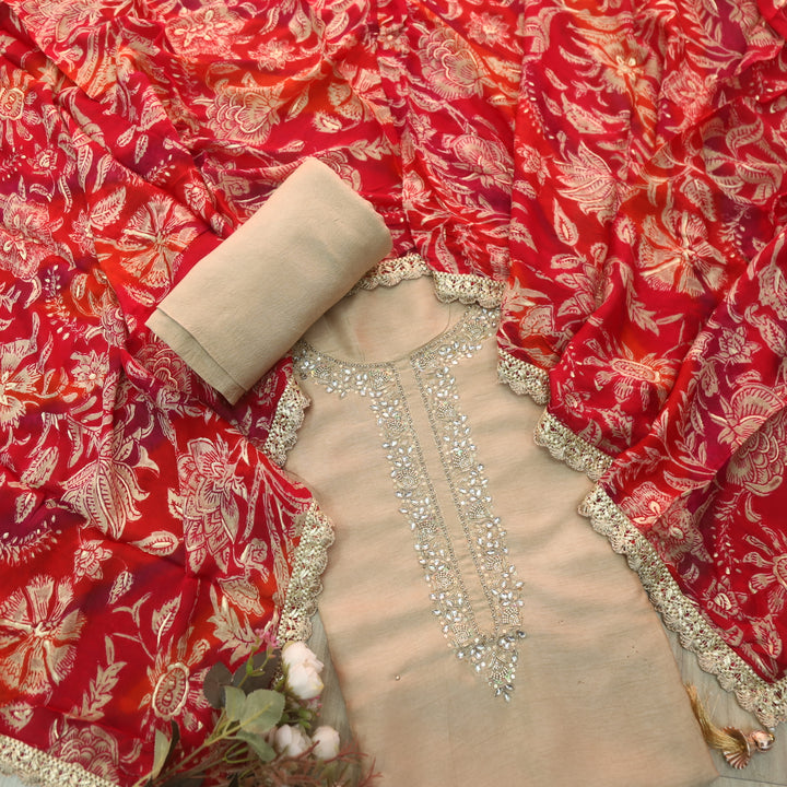 Naari Sand Beige Stone Embellished Neck Work Dola Silk Suit Set