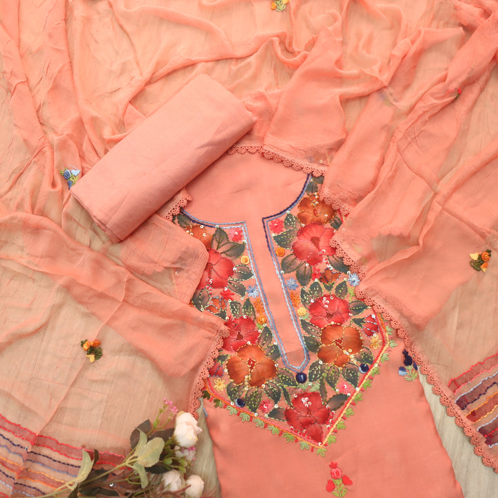 Naari Coral Peach Hand Painted with Thread Neck Work Modal Suit Set