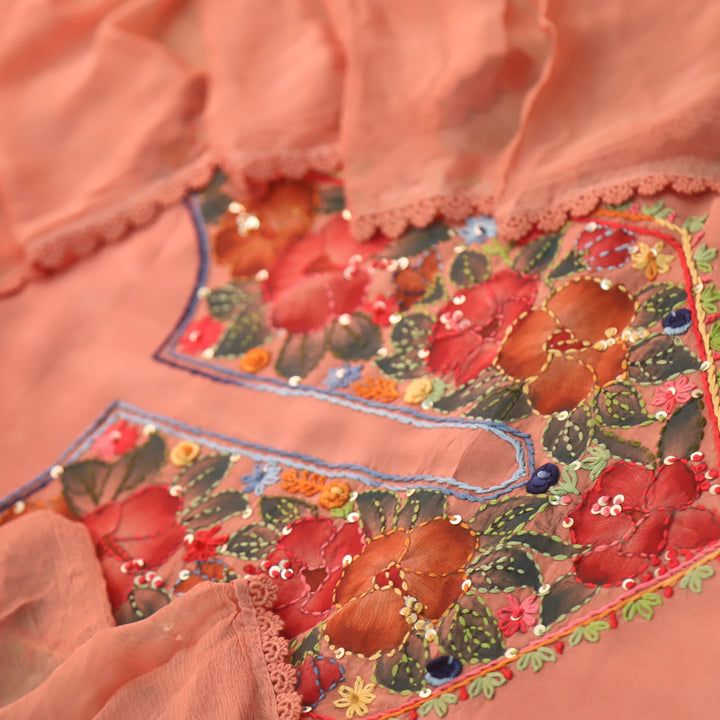 Naari Coral Peach Hand Painted with Thread Neck Work Modal Suit Set
