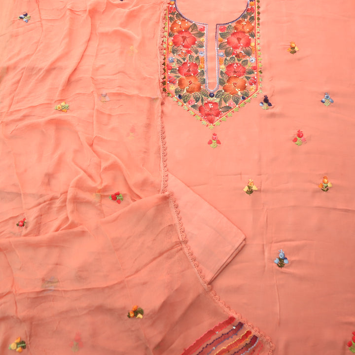 Naari Coral Peach Hand Painted with Thread Neck Work Modal Suit Set