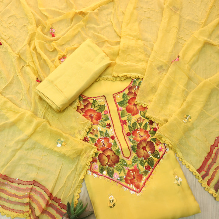 Naari Bright Yellow Hand Painted with Thread Neck Work Modal Suit Set
