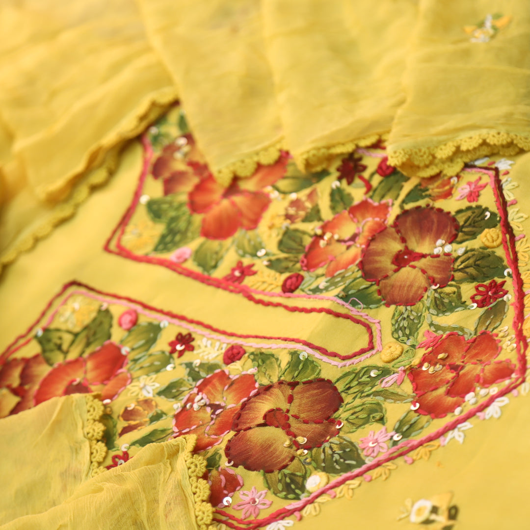 Naari Bright Yellow Hand Painted with Thread Neck Work Modal Suit Set