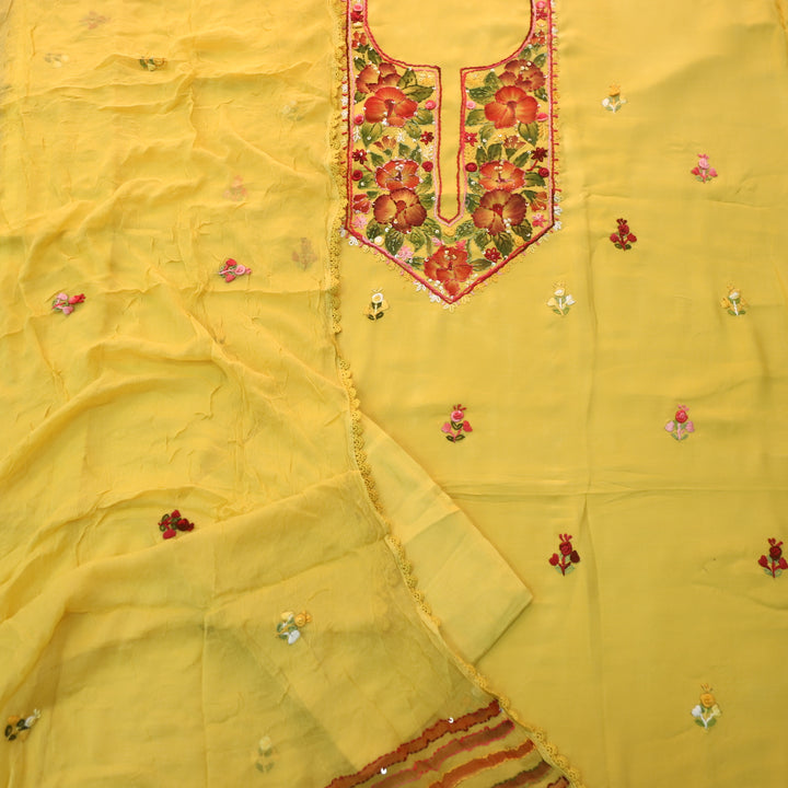 Naari Bright Yellow Hand Painted with Thread Neck Work Modal Suit Set