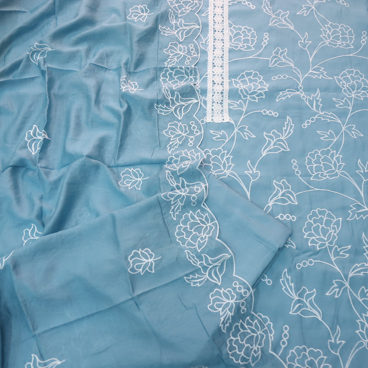 Sumati Shiny Blue Lace work with All Over Thread Work Modal Suit Set