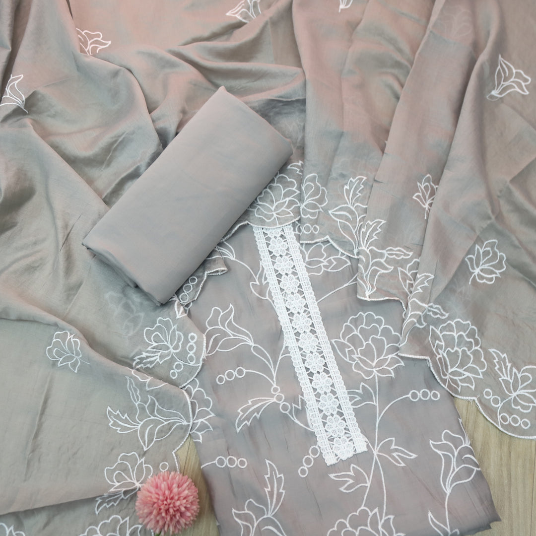 Sumati Fossil Grey Lace work with All Over Thread Work Modal Suit Set