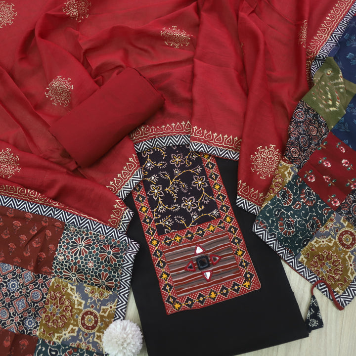 Sufani Coal Black Kutch Fusion Neck with Mirror Cotton Suit Set