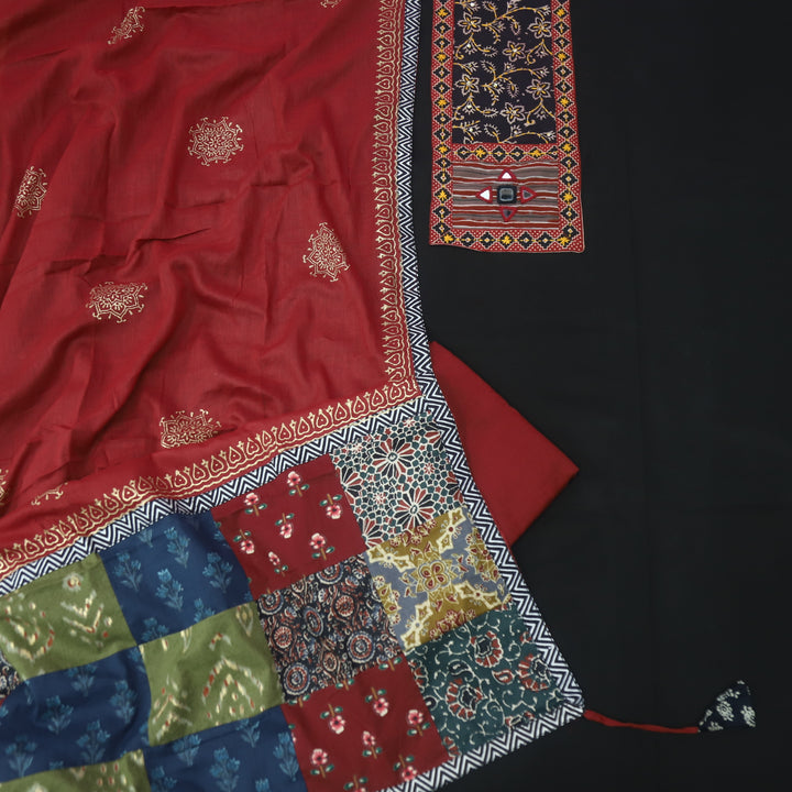Sufani Coal Black Kutch Fusion Neck with Mirror Cotton Suit Set