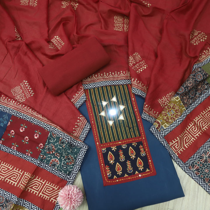 Sufani Deep Blue Kutch Fusion Neck with Mirror Cotton Suit Set