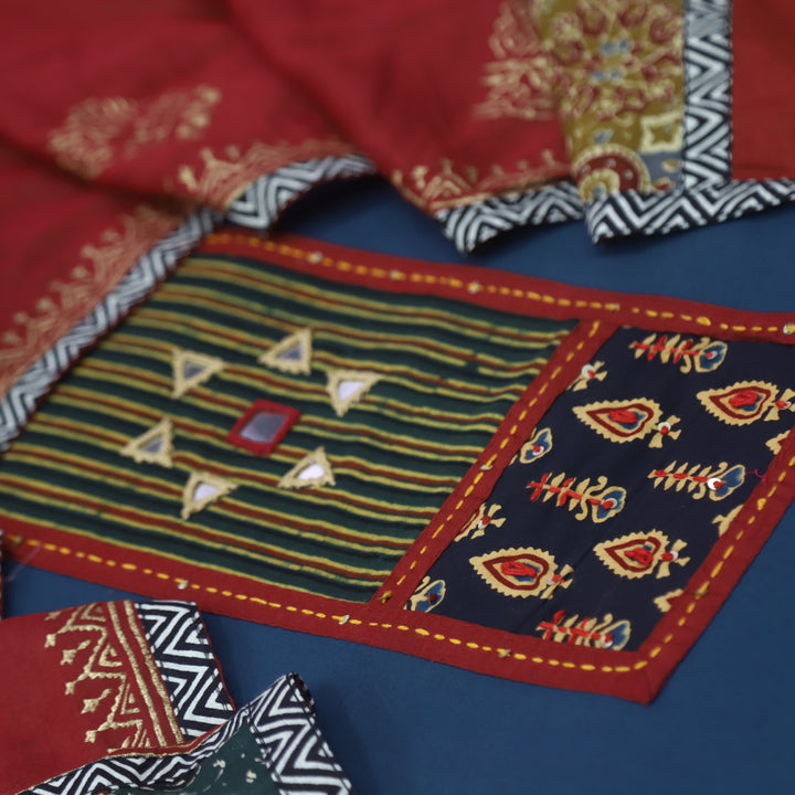Sufani Deep Blue Kutch Fusion Neck with Mirror Cotton Suit Set