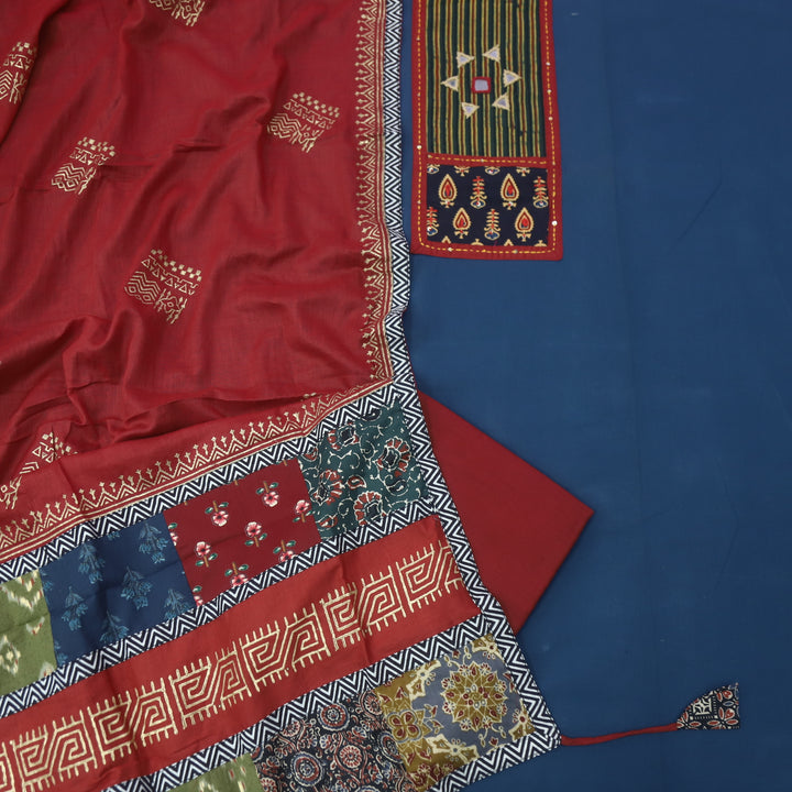 Sufani Deep Blue Kutch Fusion Neck with Mirror Cotton Suit Set