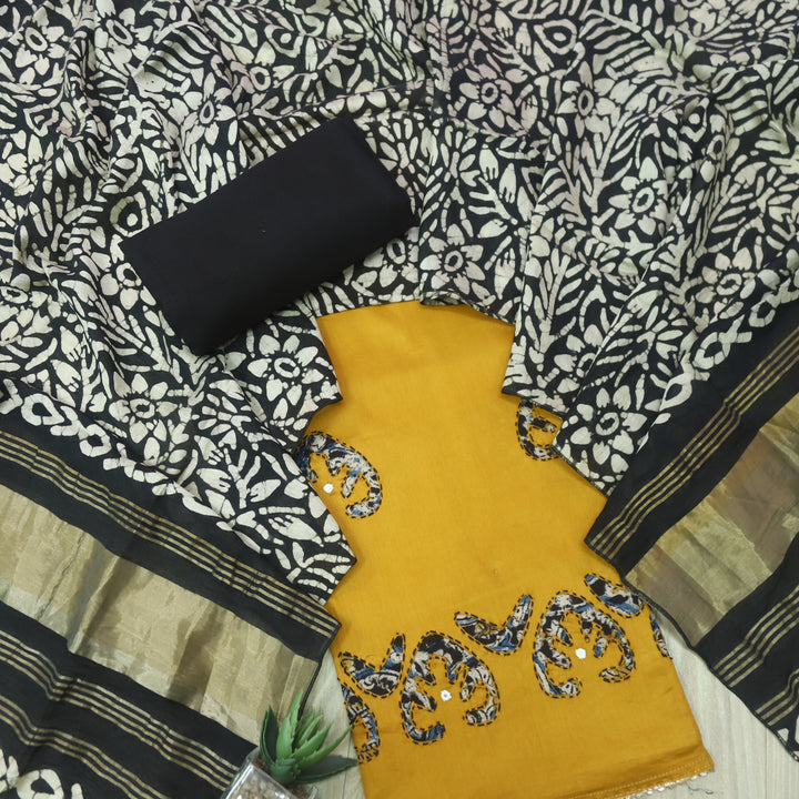 Sareen Honey Yellow Applique Work Hem Glazed Cotton Suit Set