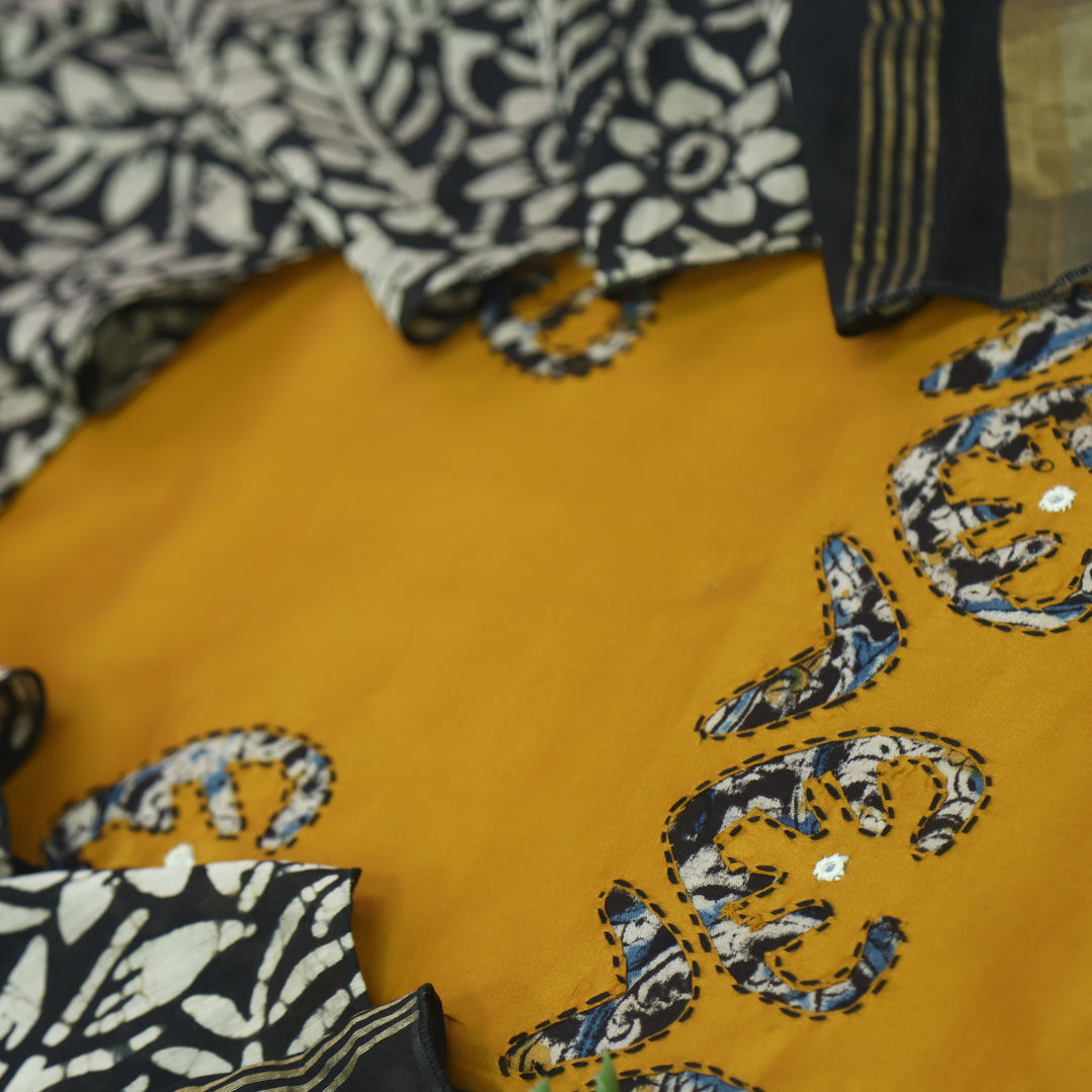 Sareen Honey Yellow Applique Work Hem Glazed Cotton Suit Set