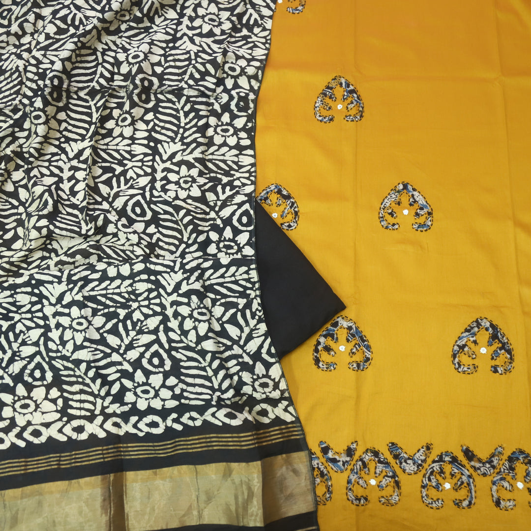 Sareen Honey Yellow Applique Work Hem Glazed Cotton Suit Set