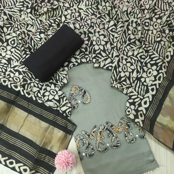 Sareen Stone Grey  Applique Work Hem Glazed Cotton Suit Set