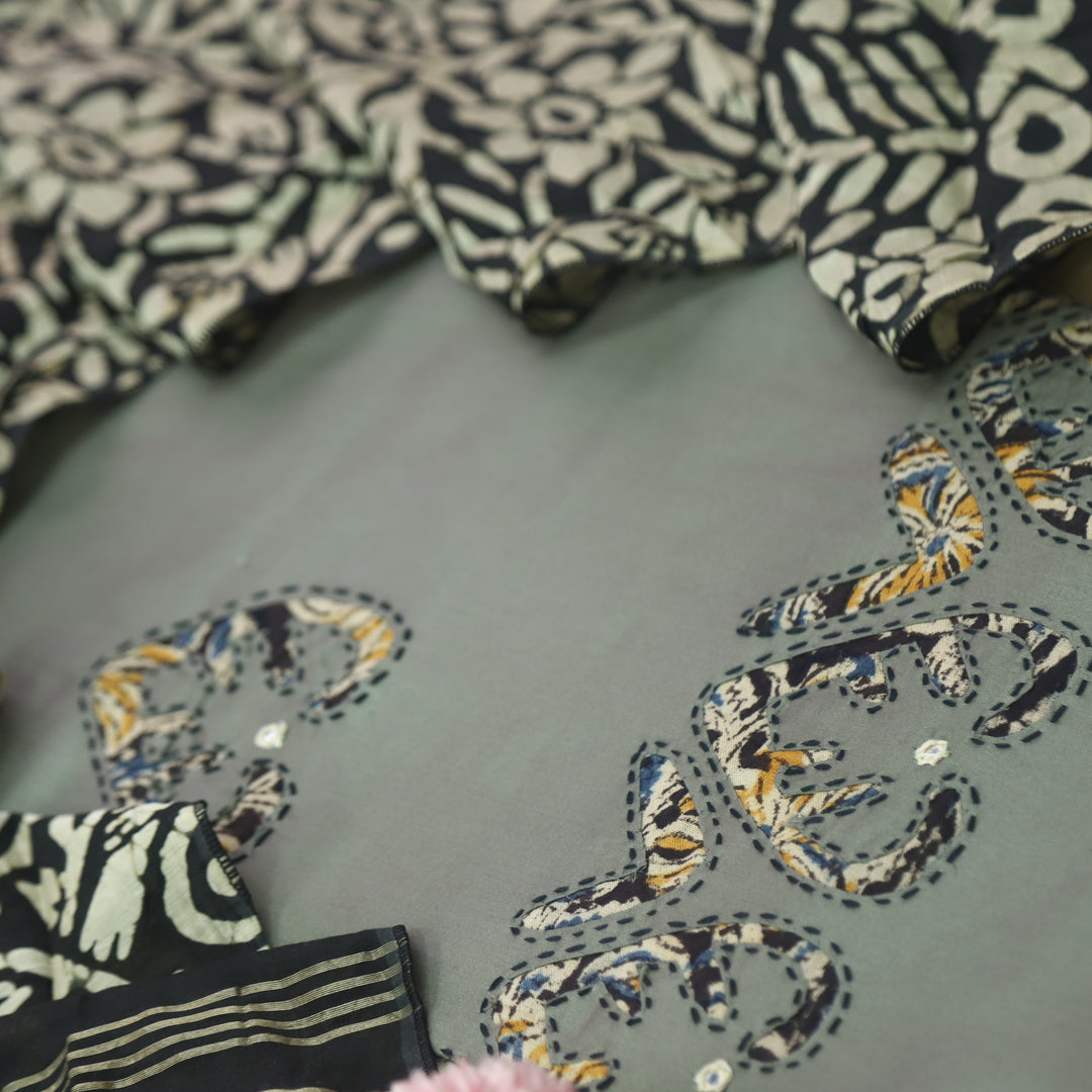 Sareen Stone Grey  Applique Work Hem Glazed Cotton Suit Set