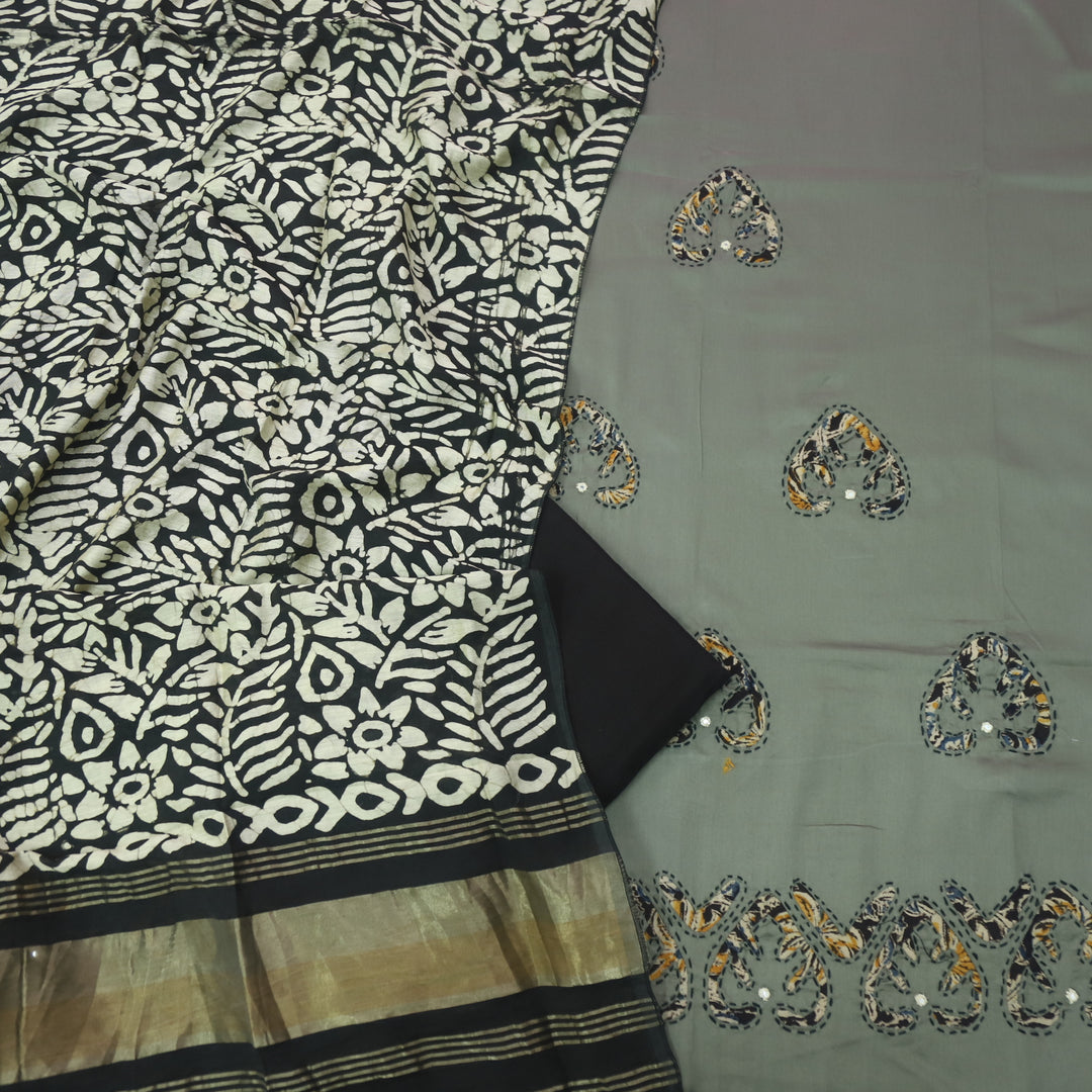 Sareen Stone Grey  Applique Work Hem Glazed Cotton Suit Set
