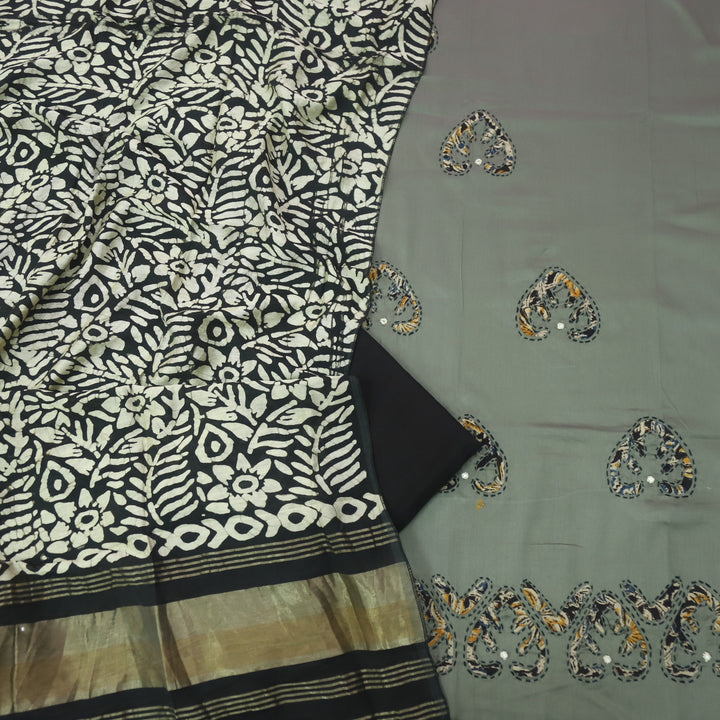 Sareen Stone Grey  Applique Work Hem Glazed Cotton Suit Set