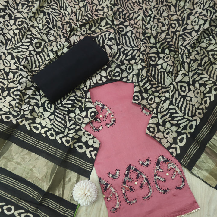 Sareen Rose Pink  Applique Work Hem Glazed Cotton Suit Set