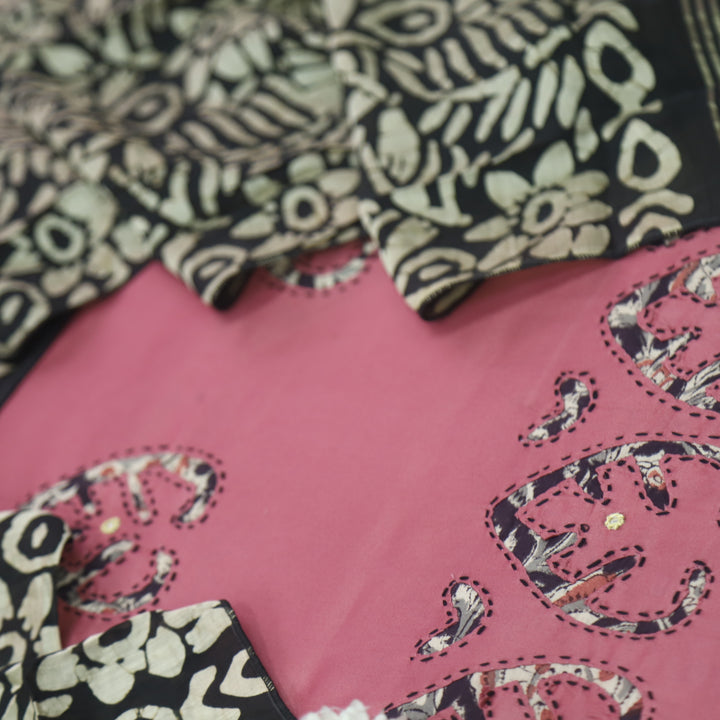 Sareen Rose Pink  Applique Work Hem Glazed Cotton Suit Set