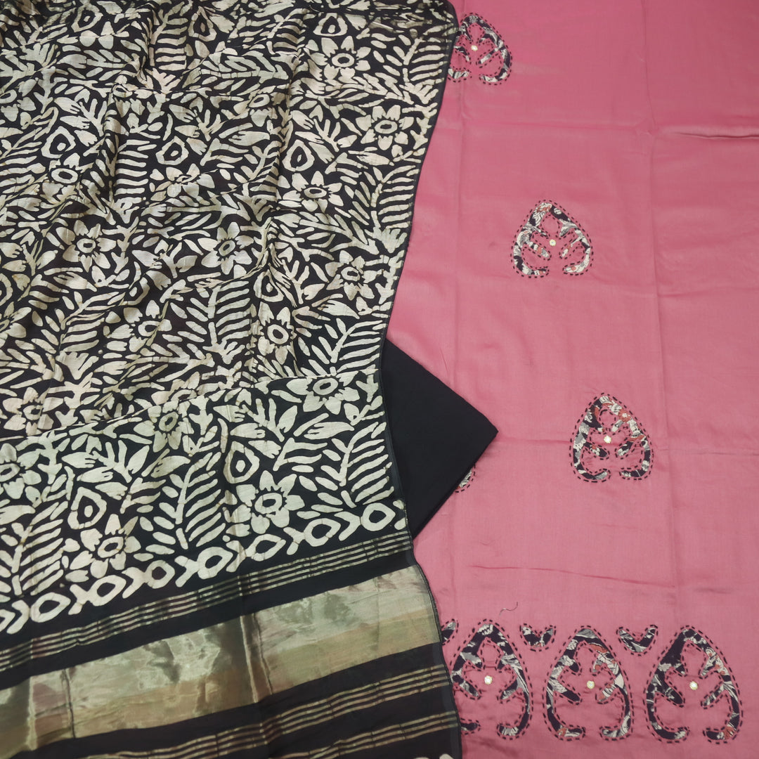 Sareen Rose Pink  Applique Work Hem Glazed Cotton Suit Set