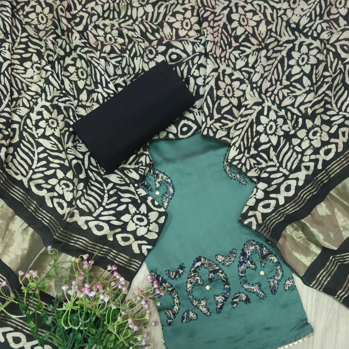Sareen Dark Sage Green Applique Work Hem Glazed Cotton Suit Set