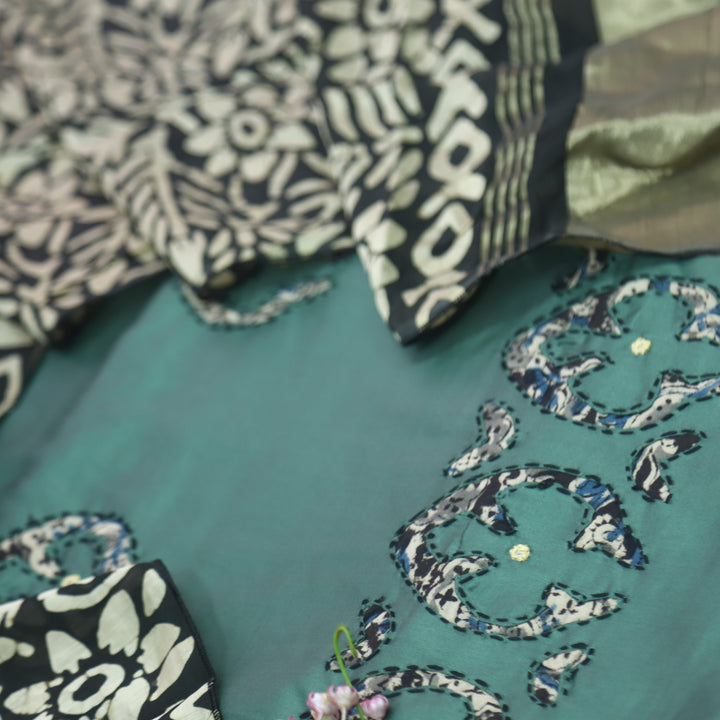 Sareen Dark Sage Green Applique Work Hem Glazed Cotton Suit Set