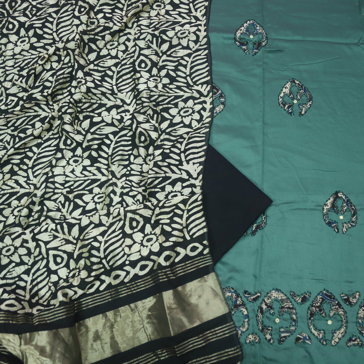 Sareen Dark Sage Green Applique Work Hem Glazed Cotton Suit Set